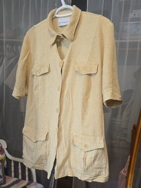 Lori Michaels Women's Cream Linen Cotton Top Button Front Key Hole Large